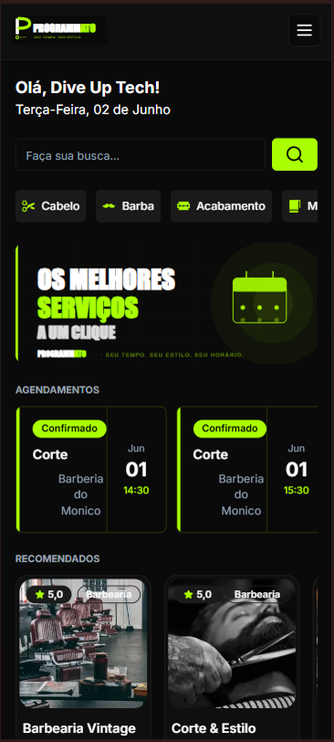 Tela do Programmato com busca de serviços, agendamentos confirmados e estabelecimentos recomendados