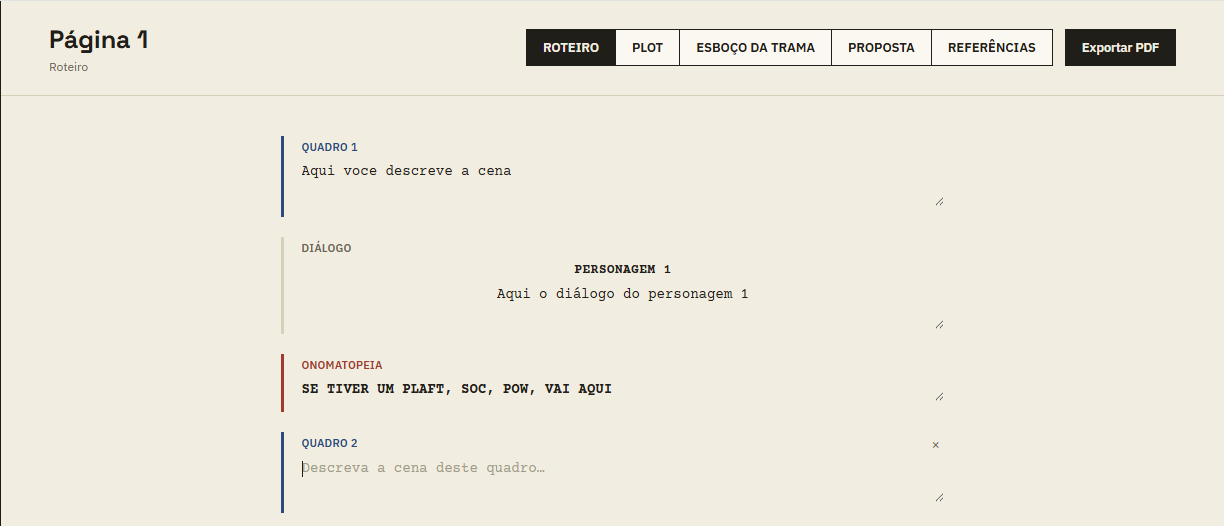 Editor do TramaHQ com exemplo de cena, diálogo e onomatopeia